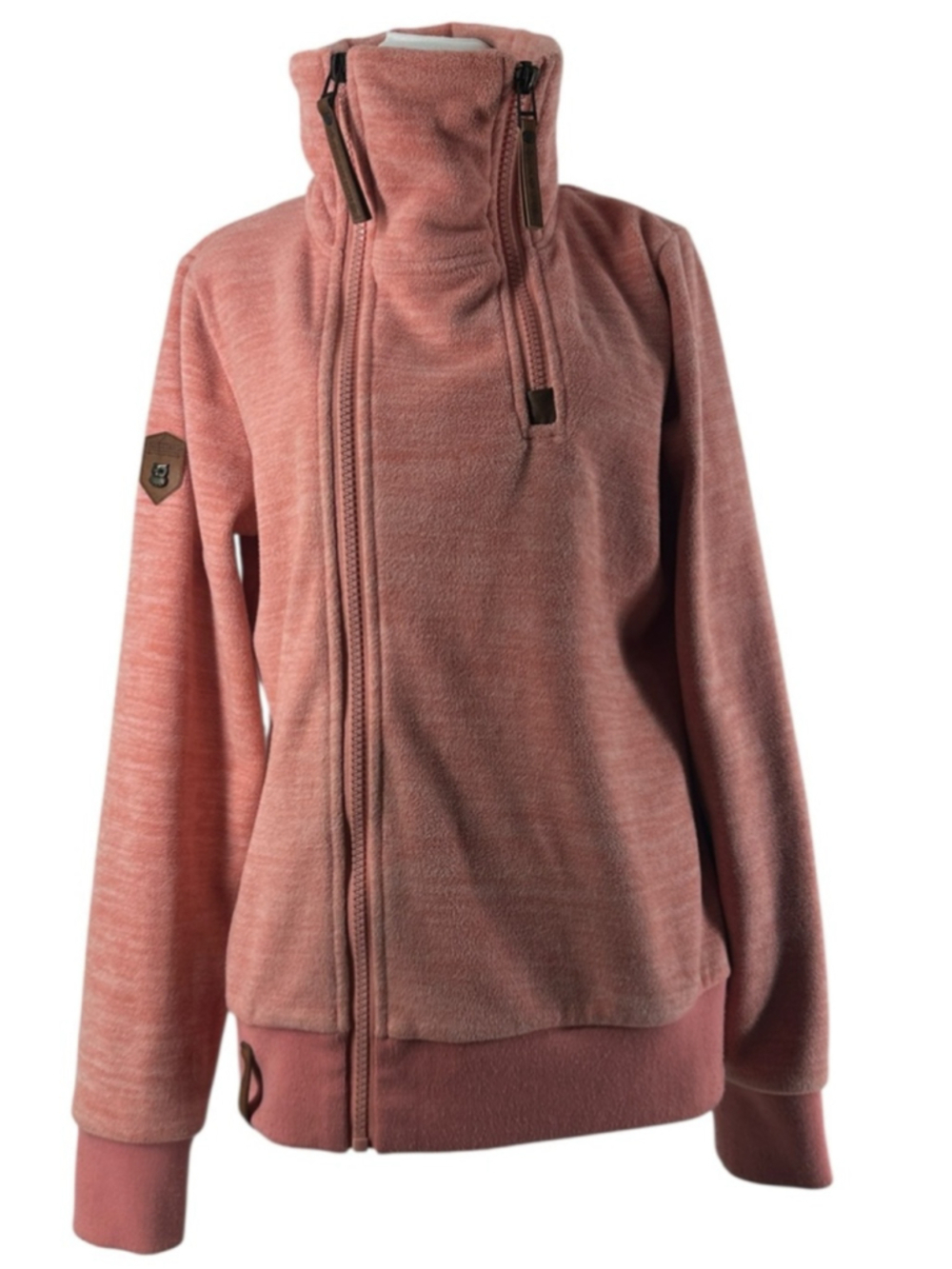 Naketano fleece jacket chunky Full Zip Funnel Neck faux Leather Trim Sz Lg
